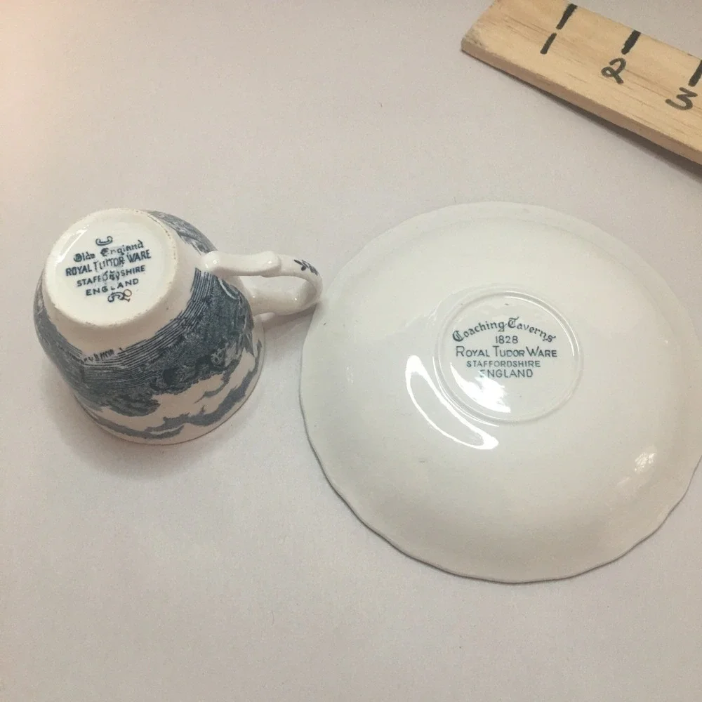 Royal Tudor Ware - Coaching Taverns‎  Blue (1828) Joke Demi Tas Cup & Saucer Set